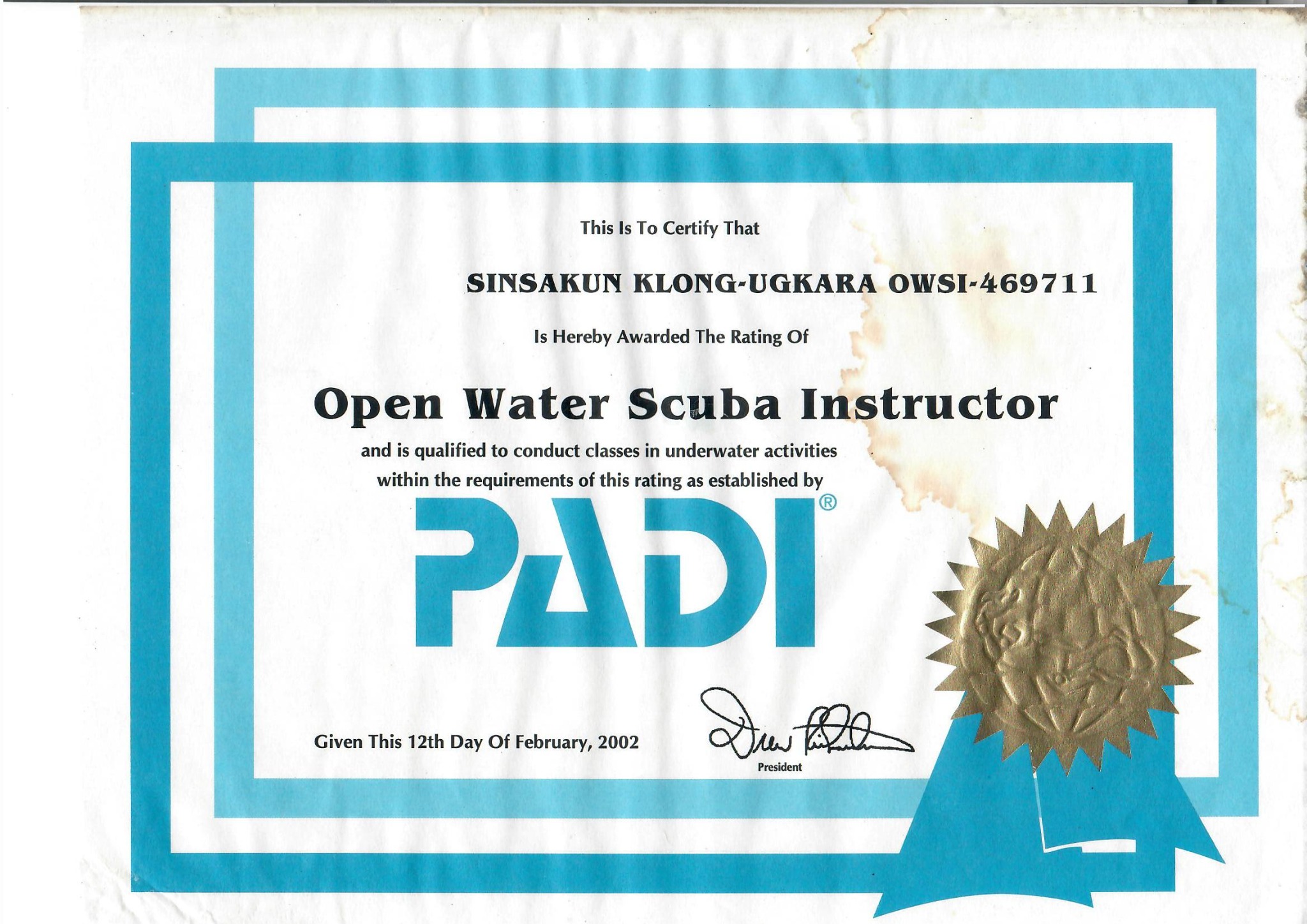 Open Water Scuba Instructor certificate dated 2002