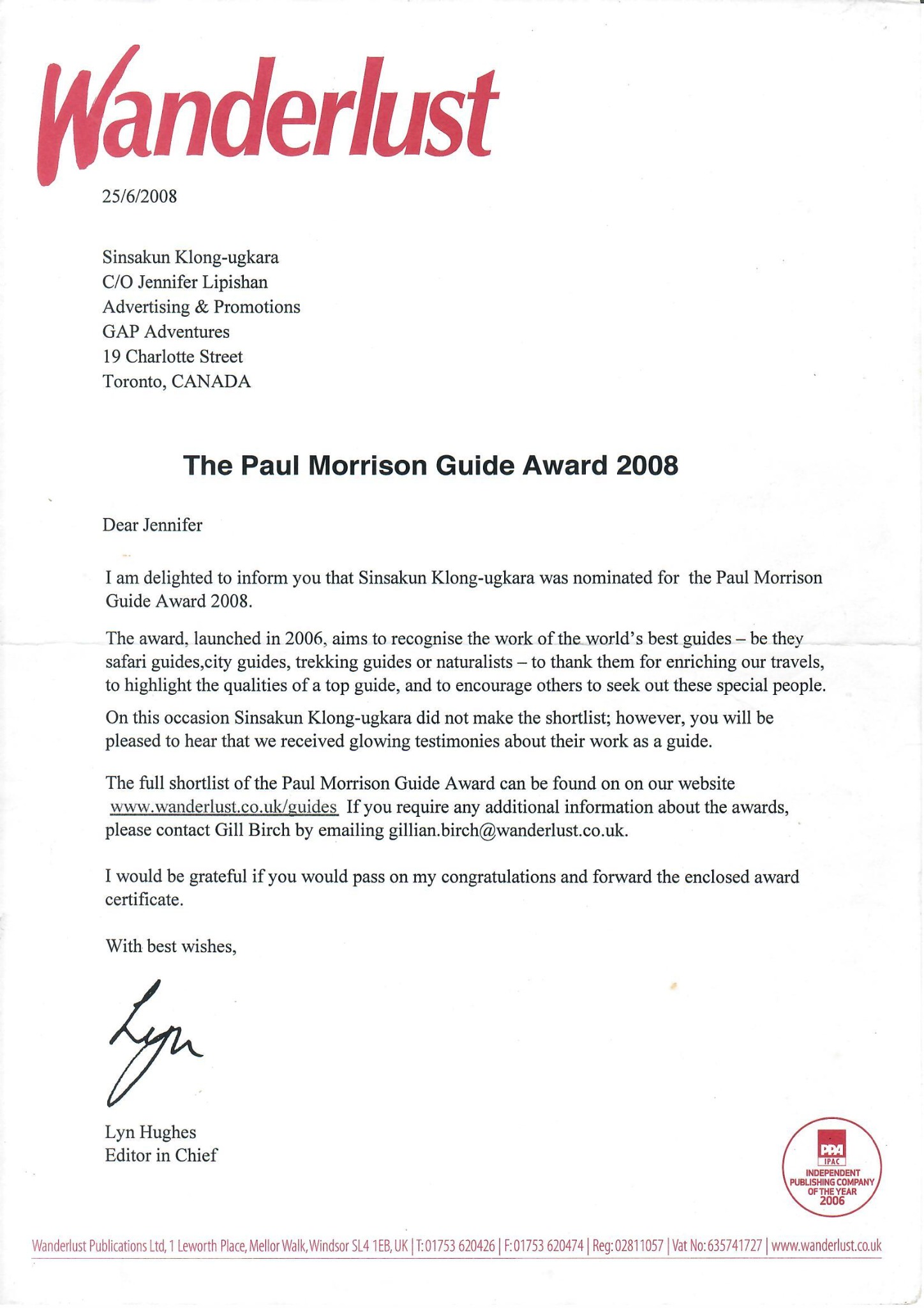 Wanderlust nomination letter dated 2008